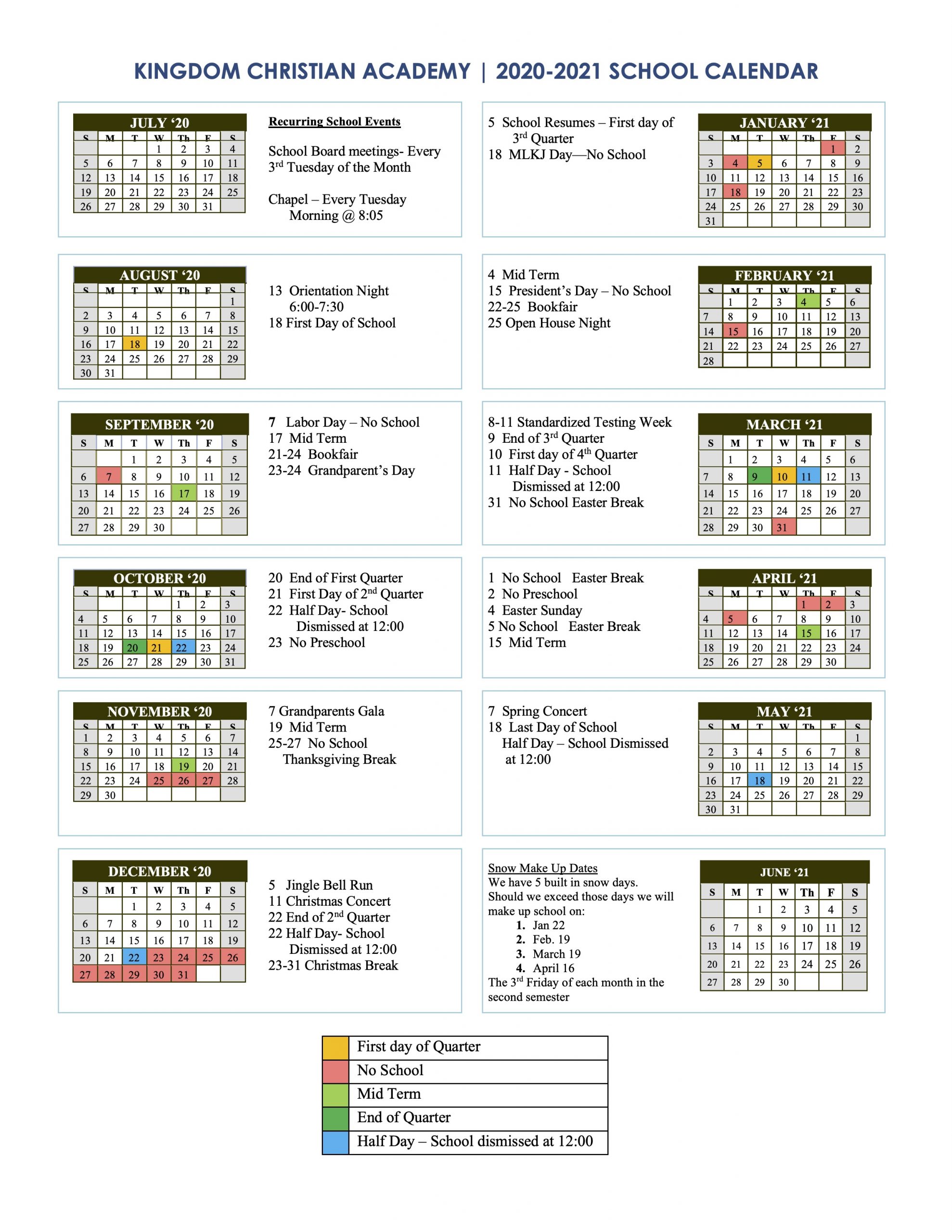 2020-2021 Academic Calendar – Kingdom Christian Academy