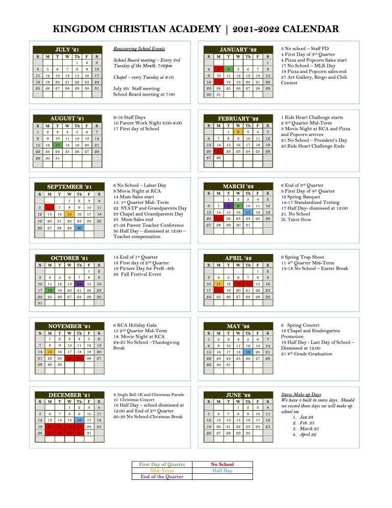KCA 2021-2022 Calendar – Kingdom Christian Academy
