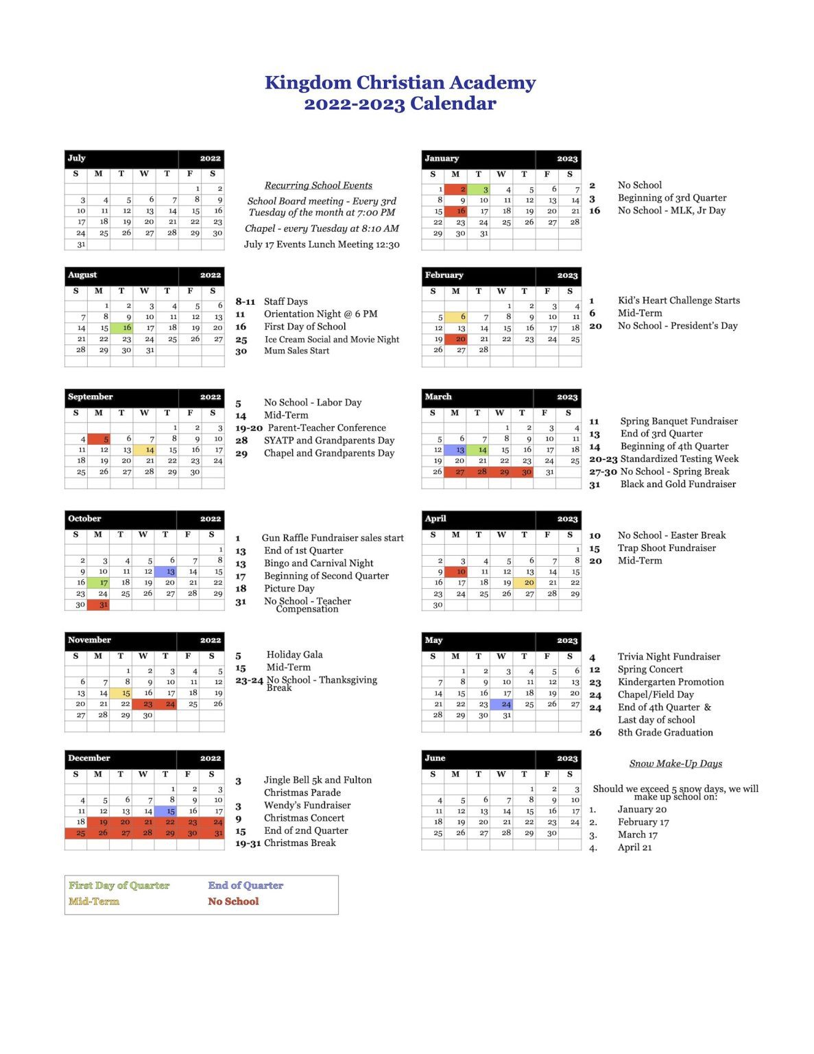 KCA 20222023 Calendar Kingdom Christian Academy